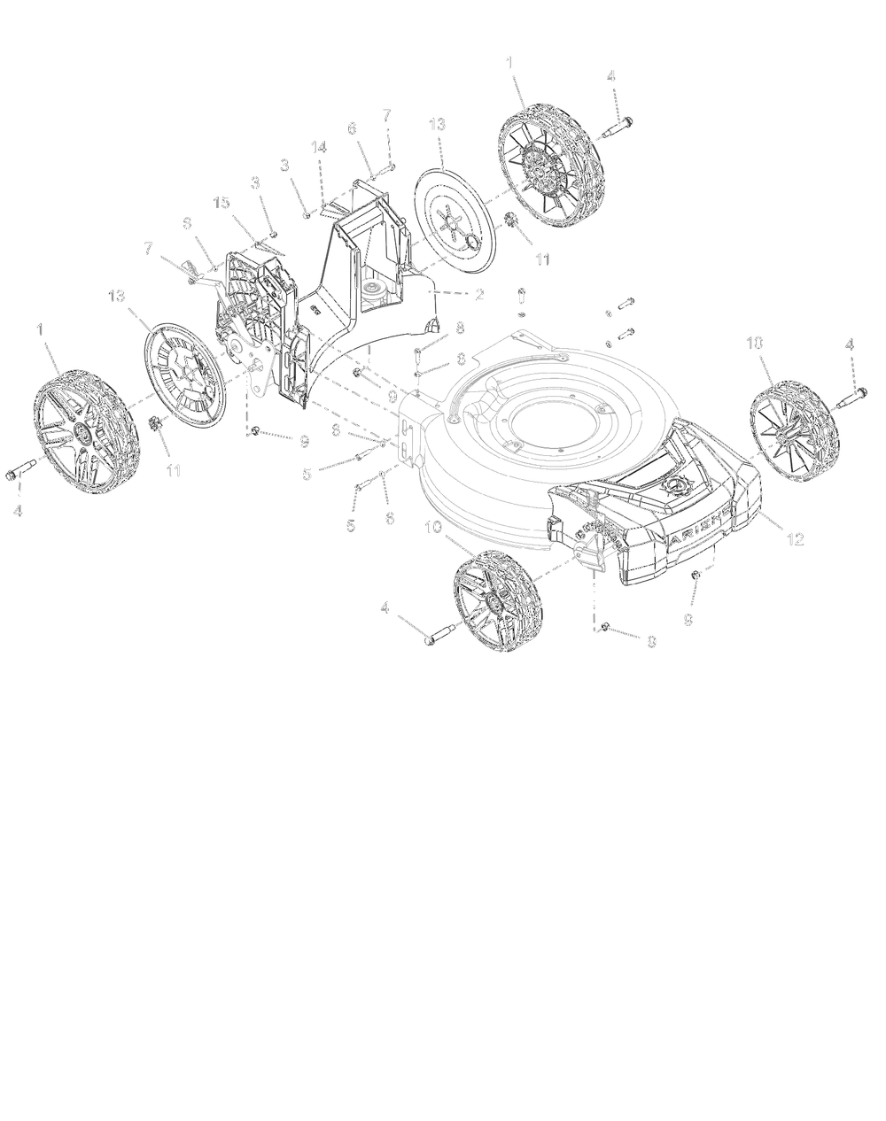Wheels, Front Cover And Baffle Diagram and Parts List for 000101 - 007499 Ariens Lawn Mower