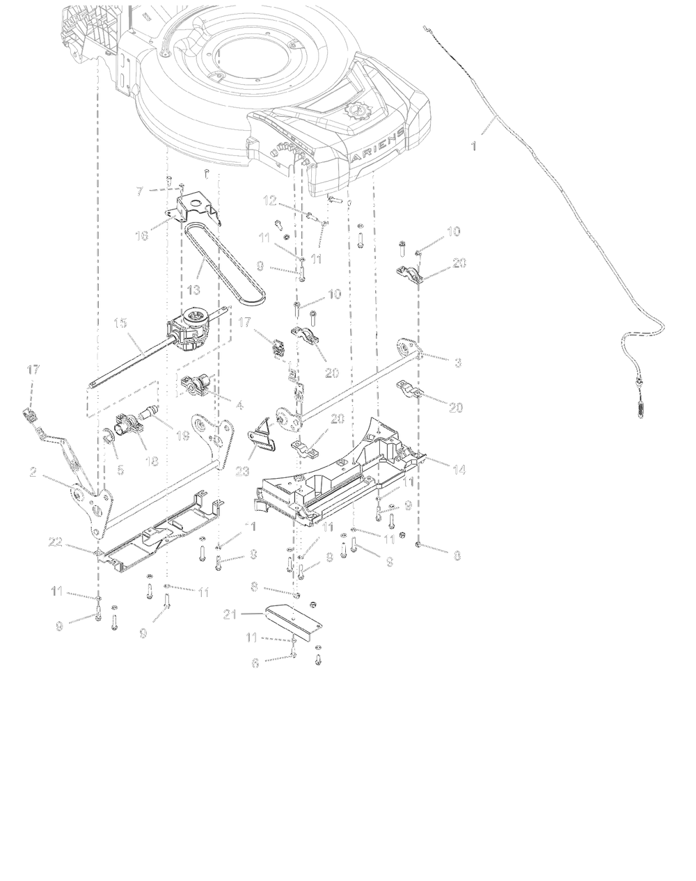 Axles And Transmission Diagram and Parts List for 000101 - 007499 Ariens Lawn Mower