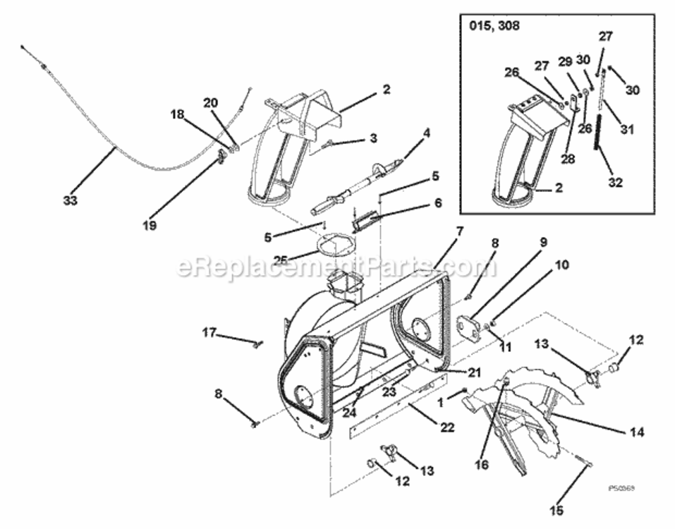 Auger And Chute Diagram and Parts List for 000101 - 034999 Ariens Snow Blower