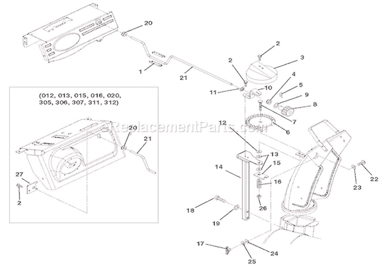 Discharge Chute Diagram and Parts List for 000101 Ariens Snow Blower