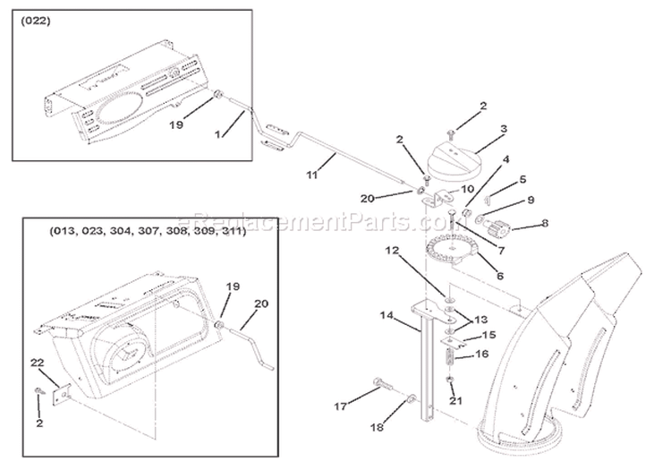 Discharge Chute Diagram and Parts List for 001101 Ariens Snow Blower