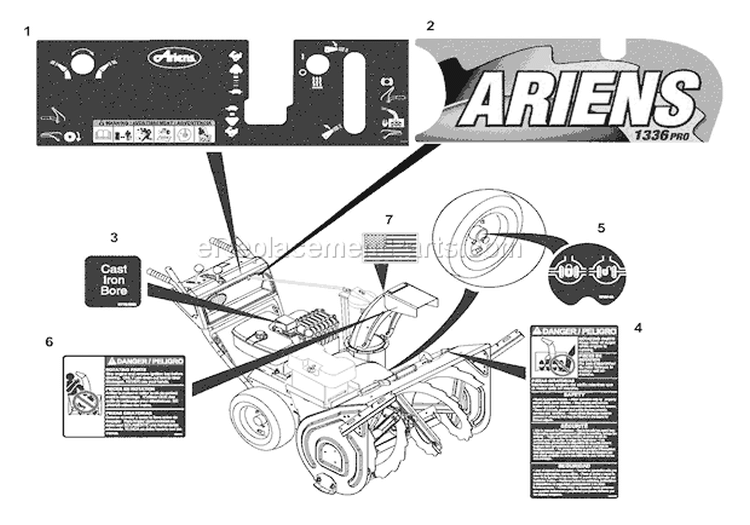 Decals Diagram and Parts List for 000101 Ariens Snow Blower