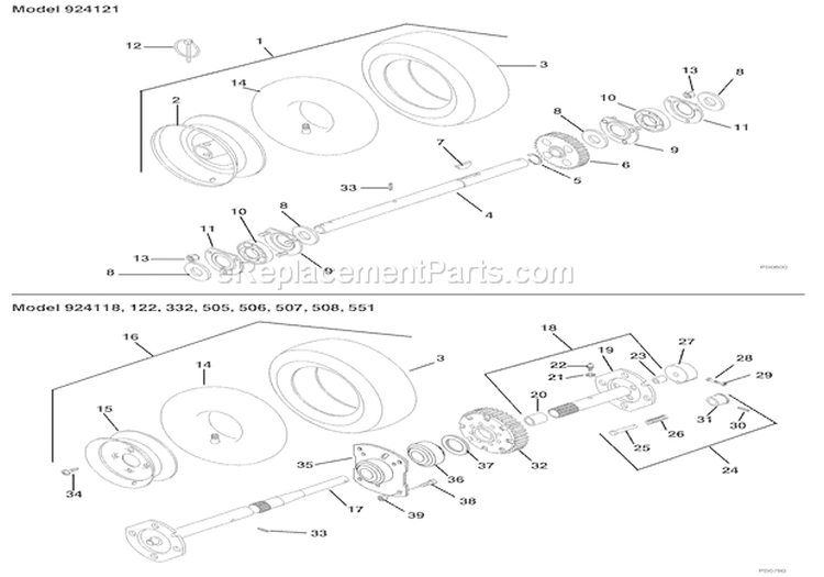 Wheels And Axle Diagram and Parts List for 000101 Ariens Snow Blower