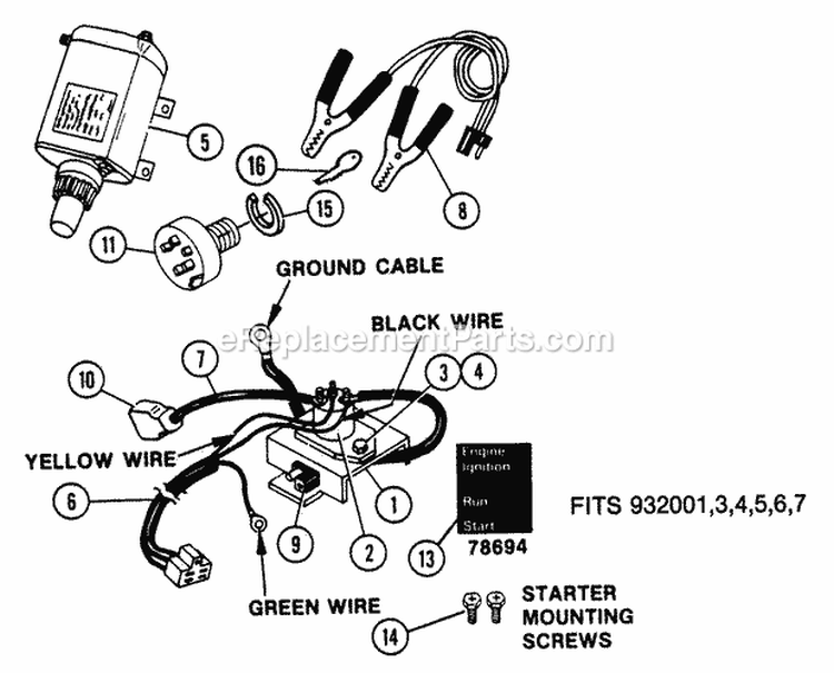 Electric Starter 12 Volt Diagram and Parts List for 030101 Ariens Snow Blower