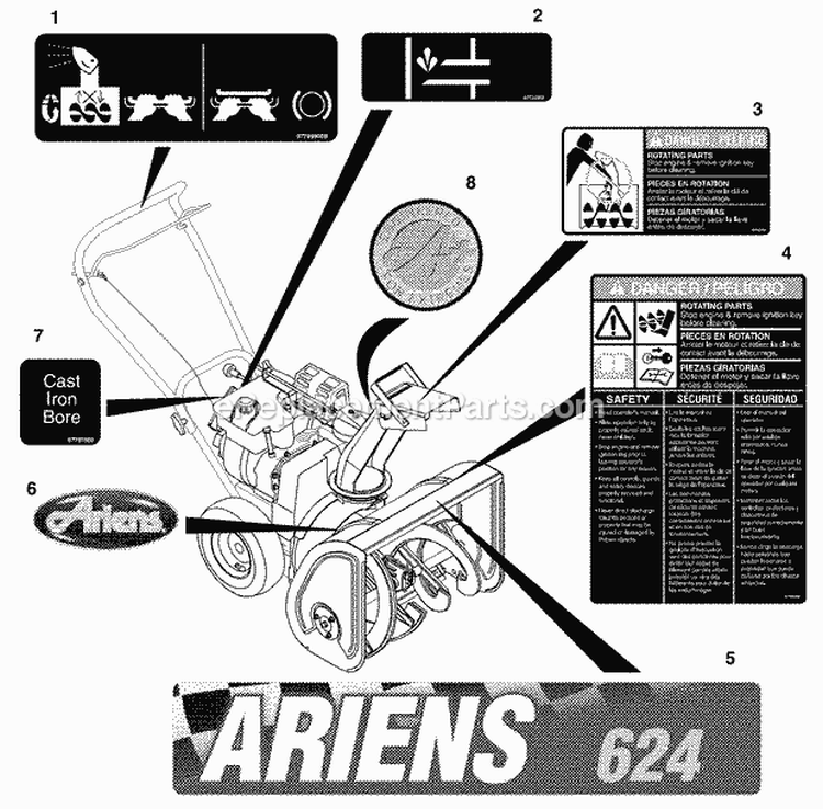 Decals - 520/624 Diagram and Parts List for 000101 Ariens Snow Blower