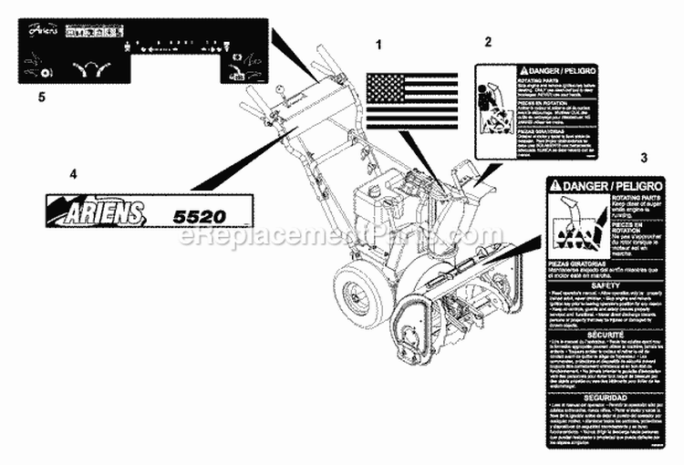 Decals Diagram and Parts List for 000101 Ariens Snow Blower