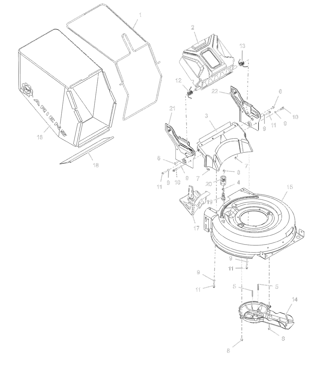 Mower Deck And Bag Diagram and Parts List for 000101 - 031999 Ariens Lawn Mower