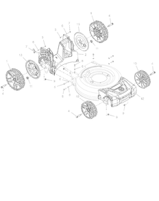 Wheels, Front Cover And Baffle Diagram and Parts List for 007500 + Ariens Lawn Mower