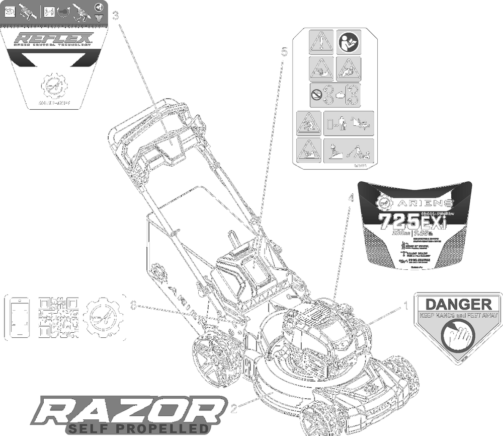 Decals Diagram and Parts List for 025000 + Ariens Lawn Mower