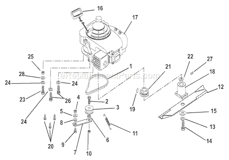 Engine, Blade And Belt Diagram and Parts List for 025000 Ariens Lawn Mower