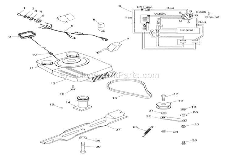 Engine, Blade And Belt Diagram and Parts List for 007751 Ariens Lawn Mower