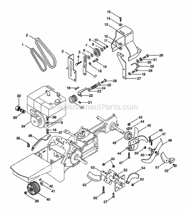 Belt Drive And Tines Diagram and Parts List for 000101 Ariens Tiller