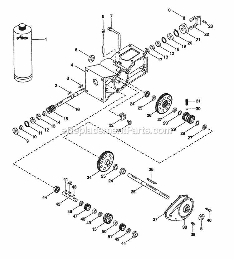 Transmission Gearcase Diagram and Parts List for 000101 Ariens Tiller