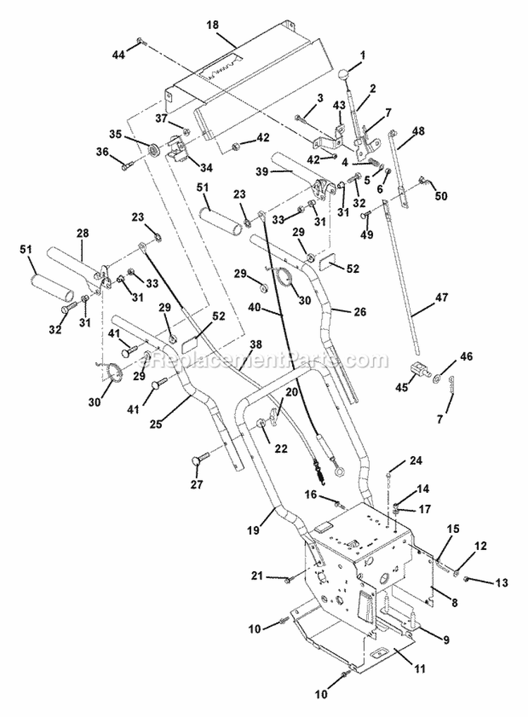 Handlebars And Controls Diagram and Parts List for 000101 Ariens Snow Blower