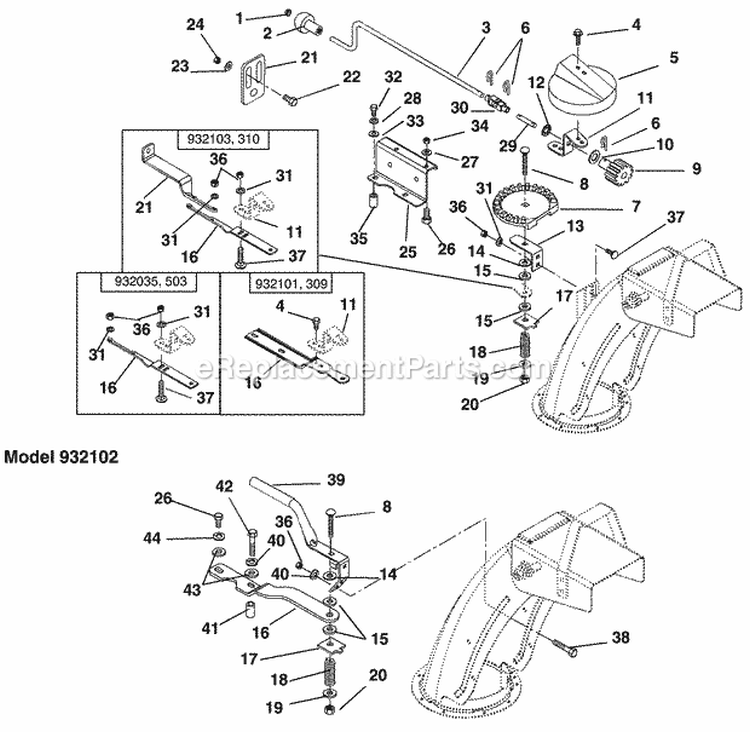 Discharge Chute Crank Diagram and Parts List for 000101 Ariens Snow Blower