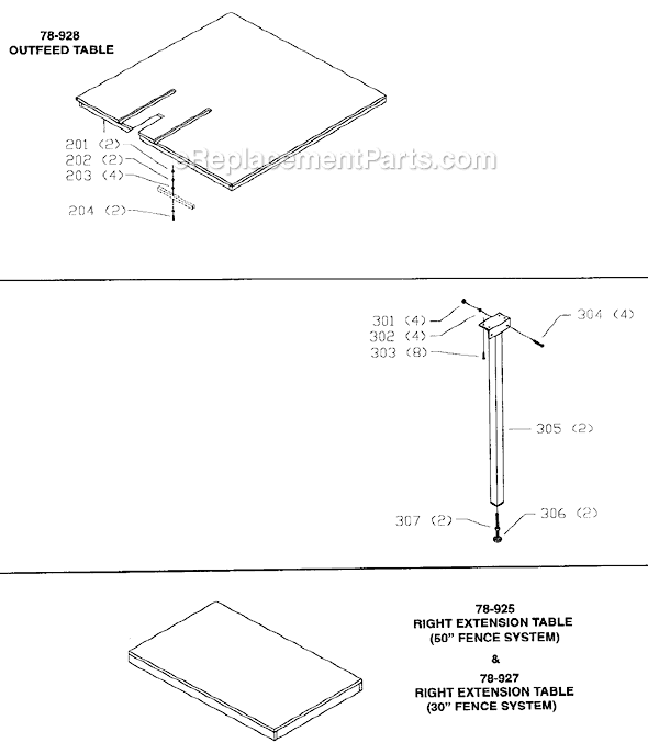Page B Diagram and Parts List for Type 1 Biesemeyer Table Saw Accessories