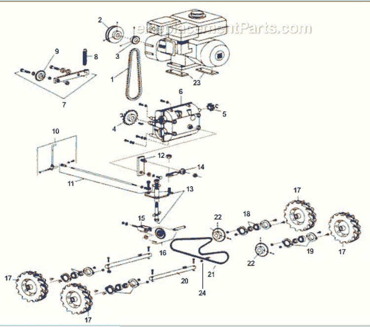 Power Train Diagram and Parts List for 2003-07 Bluebird Sod Cutter