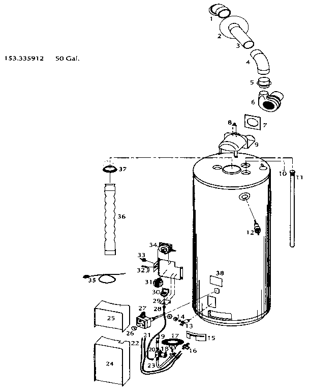 Replacement Parts Diagram and Parts List for 153335912  Kenmore Water Heater