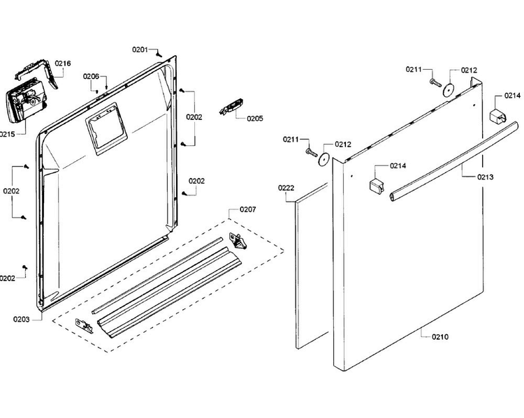 Door Section Diagram and Parts List for 19 Bosch Dishwasher