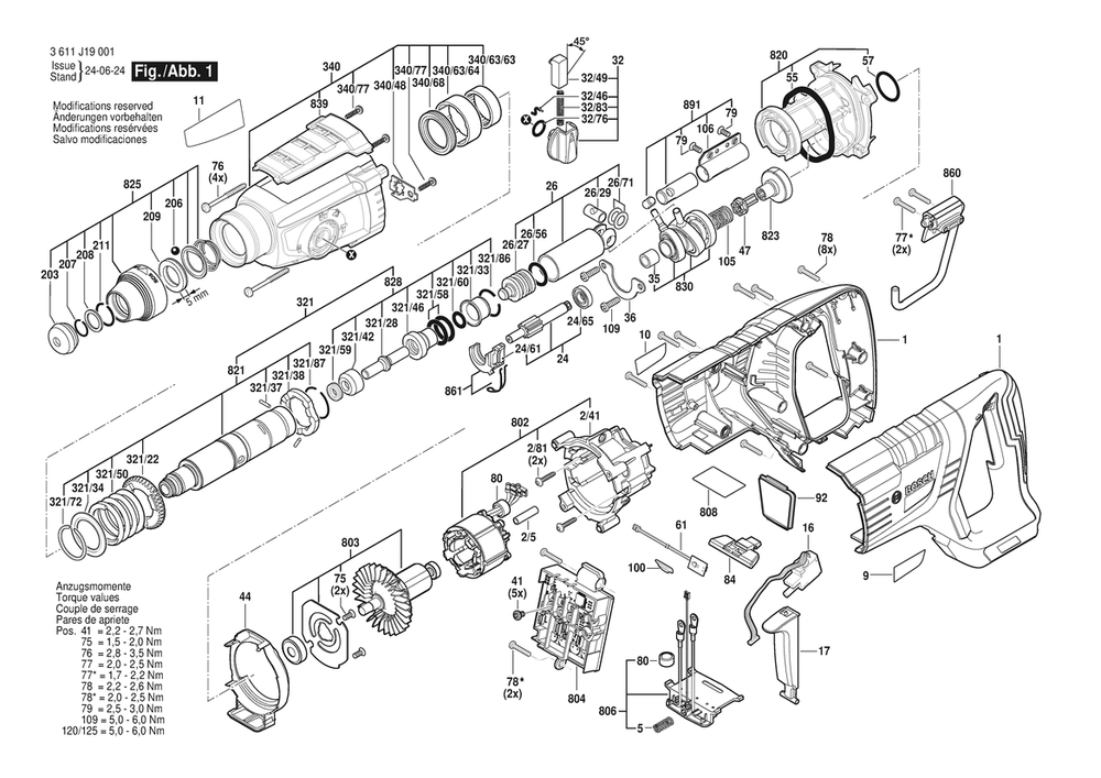 Section 1 Diagram and Parts List for  Bosch Hammer Drill