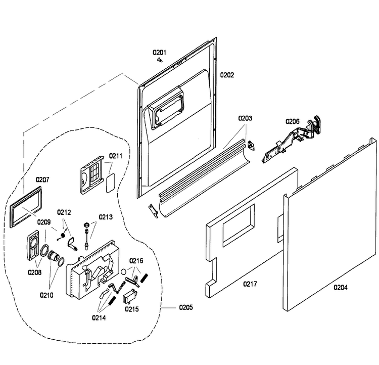 Door Diagram and Parts List for SHU43C02UC 22 Bosch Dishwasher