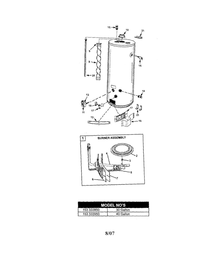 Water Heater Diagram and Parts List for 153333950  Kenmore Water Heater