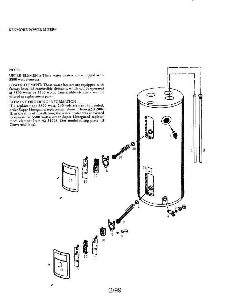 Power Miser 50 Gallon Diagram and Parts List for 153316555  Kenmore Water Heater