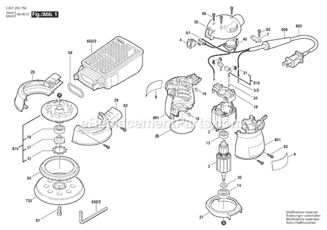 Page A Diagram and Parts List for 0601295756 Bosch Orbital or Palm Sander