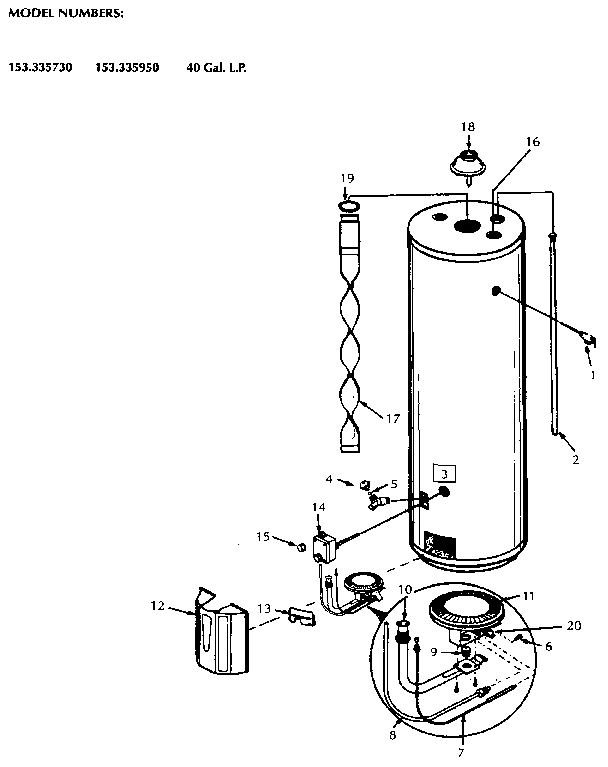 Replacement Parts Diagram and Parts List for 153335950  Kenmore Water Heater