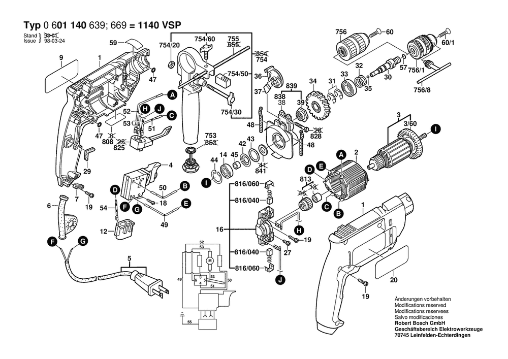 Section 1 Diagram and Parts List for 0601140639 Bosch Hammer Drill