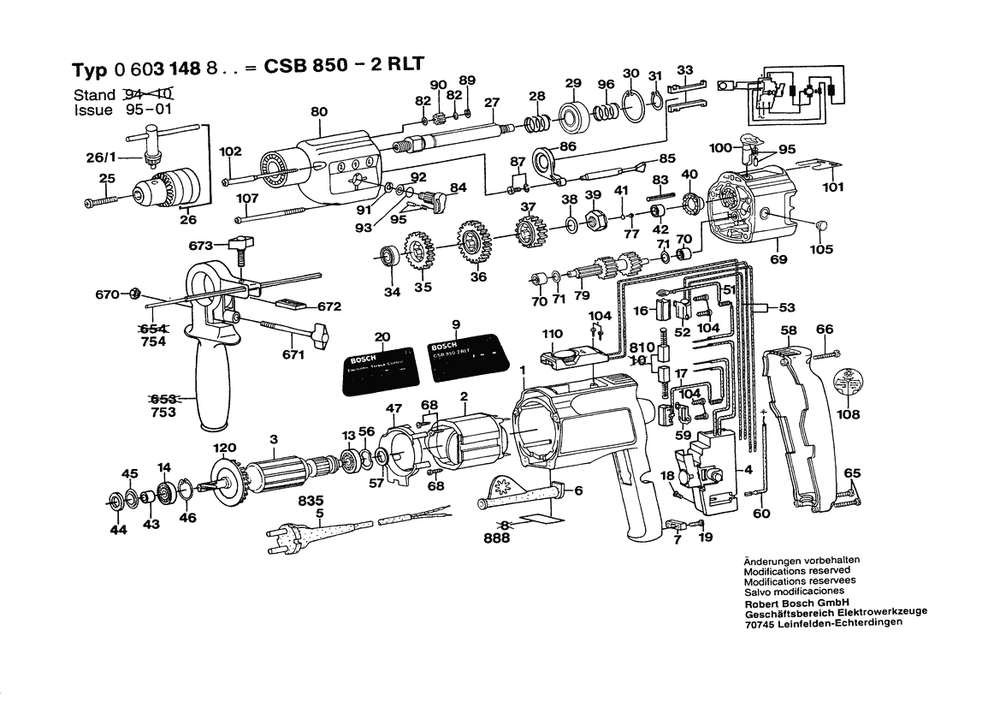 Section 1 Diagram and Parts List for 0603148803 Bosch Hammer Drill