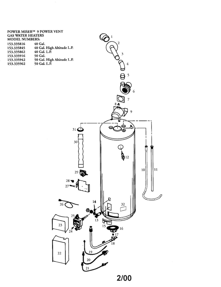 Water Heater Diagram and Parts List for 153335845  Kenmore Water Heater