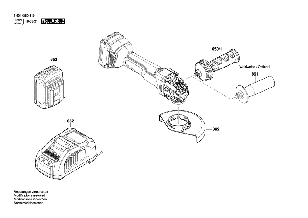 Page 2 Diagram and Parts List for 3601GB0610 Bosch Angle Grinder