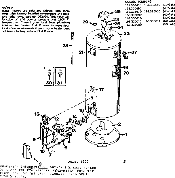 Replacement Parts Diagram and Parts List for 153336011  Kenmore Water Heater