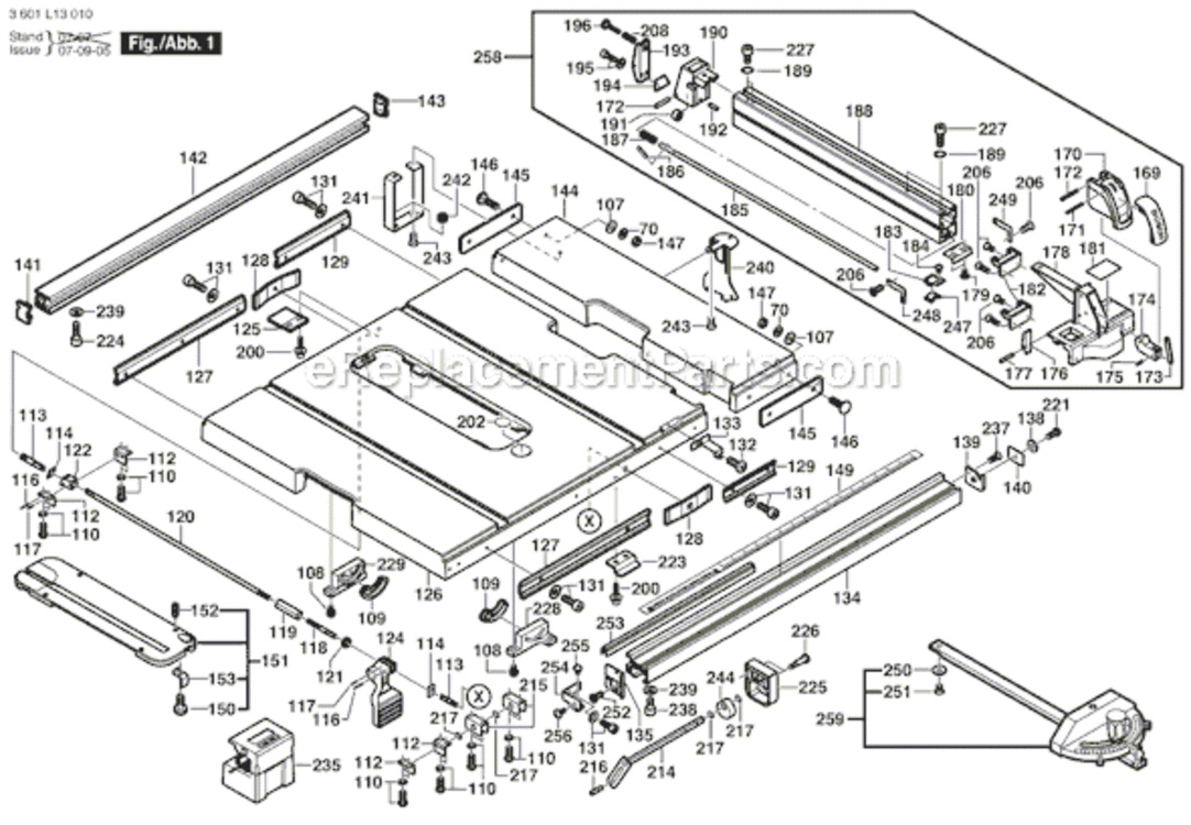 Page B Diagram and Parts List for 0601B13010 Bosch Table Saw