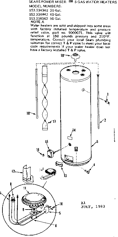 Replacement Parts Diagram and Parts List for 153334442  Kenmore Water Heater