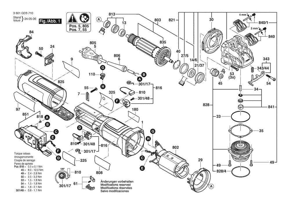 Section 1 Diagram and Parts List for 3601GD3810 Bosch Angle Grinder