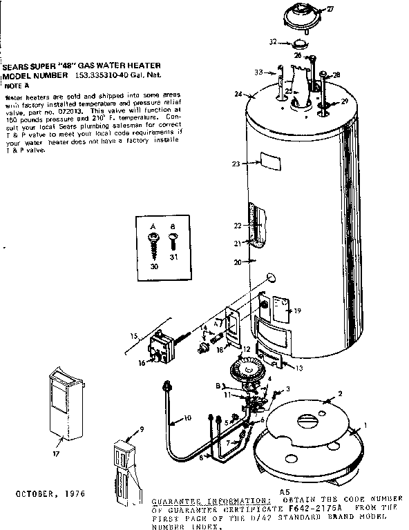 Replacement Parts Diagram and Parts List for 153335310  Kenmore Water Heater