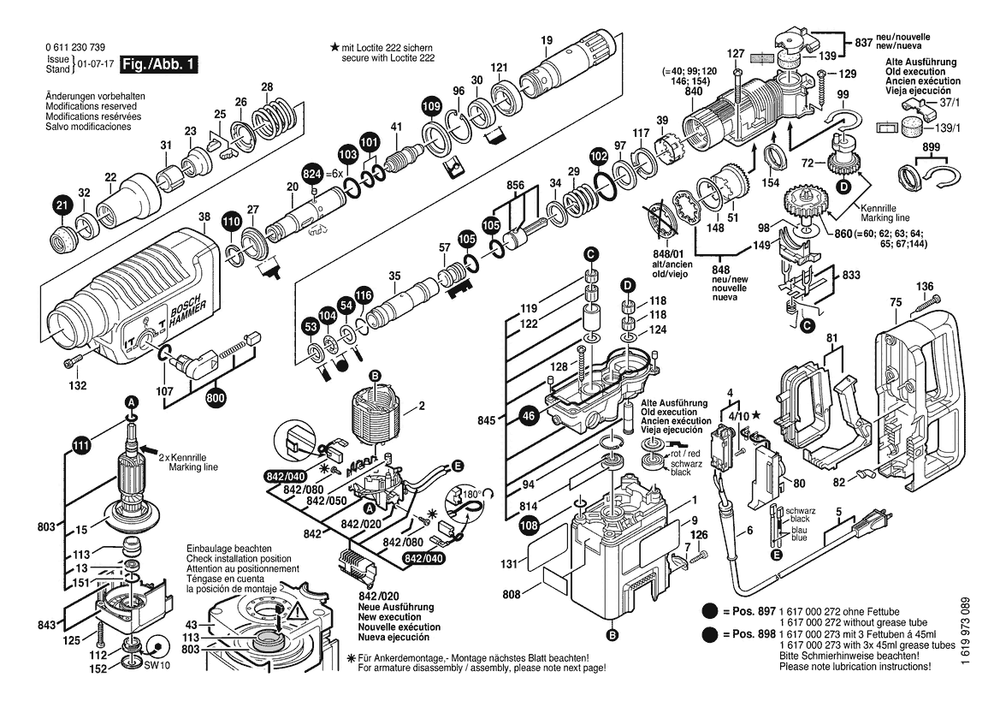 Section 1 Diagram and Parts List for 0611230739 Bosch Hammer Drill