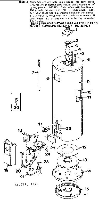Replacement Parts Diagram and Parts List for 153334171  Kenmore Water Heater