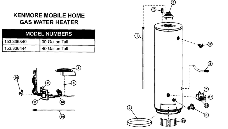 Water Heater Diagram and Parts List for 153336444  Kenmore Water Heater