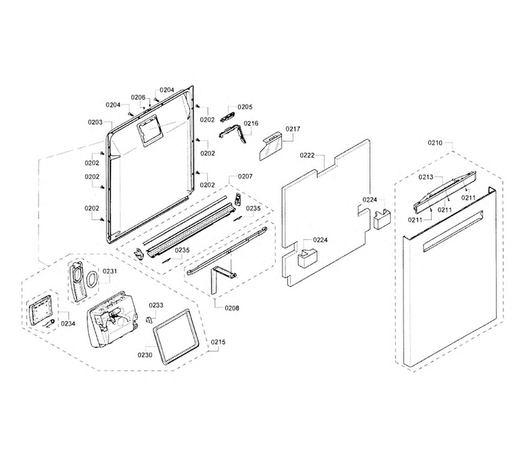 Door Assy Diagram and Parts List for 02 Bosch Dishwasher