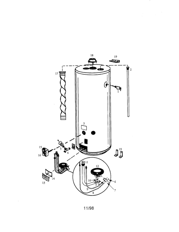 30 Gal. Gas Water Heater Diagram and Parts List for 153333830  Kenmore Water Heater
