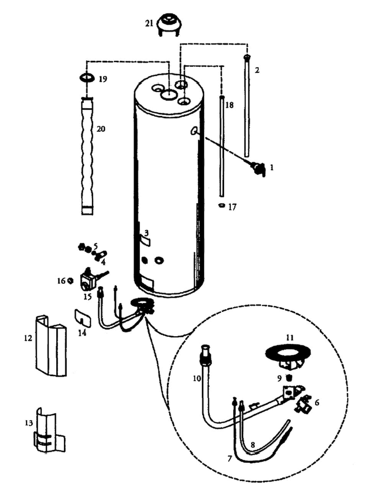 Main Assembly Diagram and Parts List for 153336451  Kenmore Water Heater