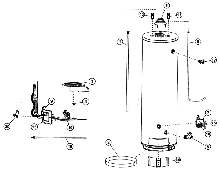 Water Heater Diagram and Parts List for 153336270  Kenmore Water Heater