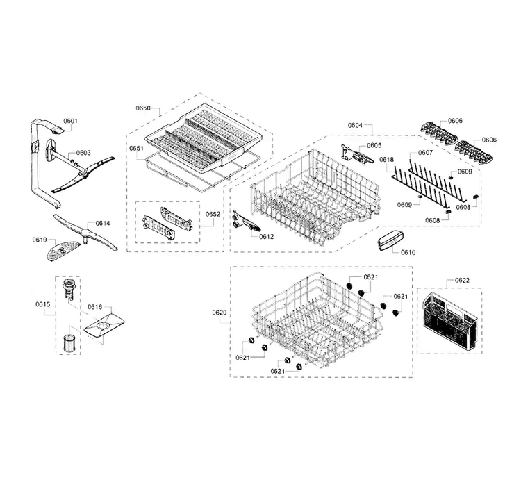 Rack Assy Diagram and Parts List for 02 Bosch Dishwasher