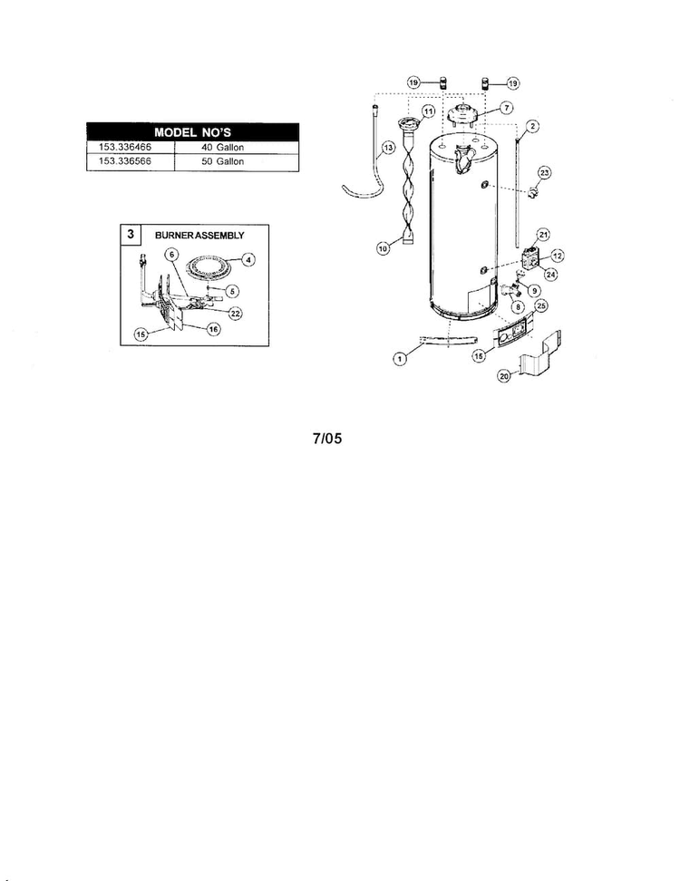 Water Heater Diagram and Parts List for 153336466  Kenmore Water Heater