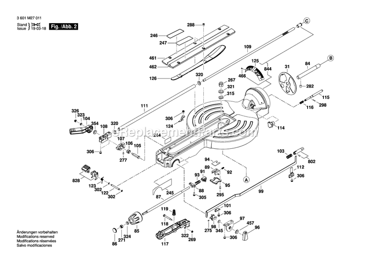 Page 2 Diagram and Parts List for 3601M27011 Bosch Miter Saw