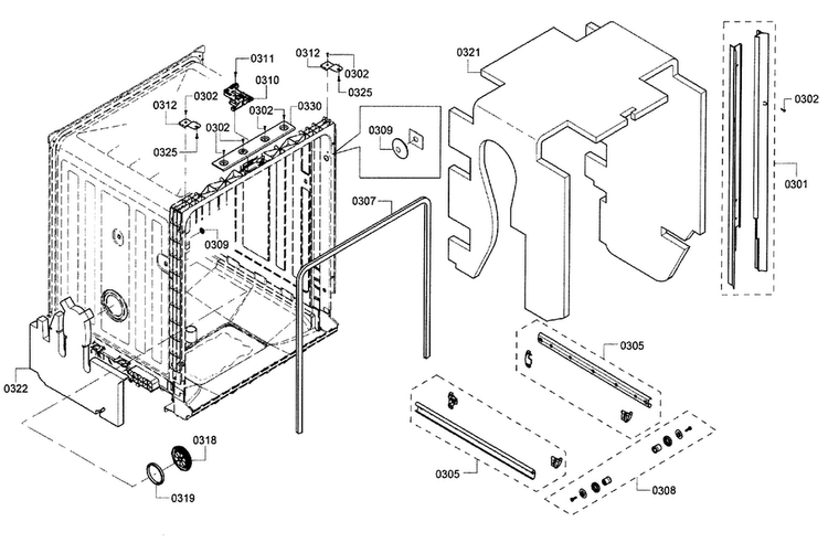 Cavity & Frame Diagram and Parts List for 15 Bosch Dishwasher