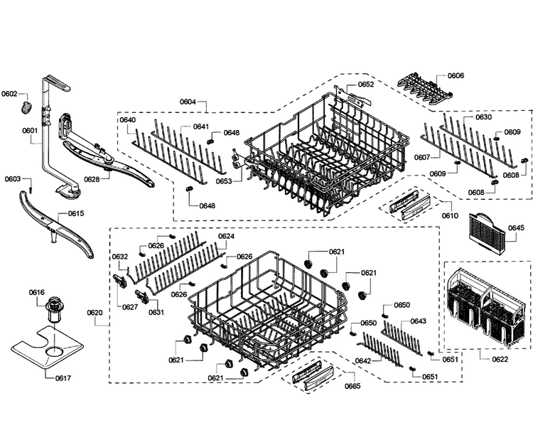 Baskets Diagram and Parts List for SHE55M12UC 61 Bosch Dishwasher